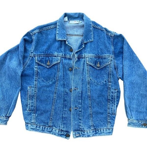 Vintage 80s French Navy Long Sleeve Corduroy Accents Distressed  Denim Jacket M - Picture 1 of 9